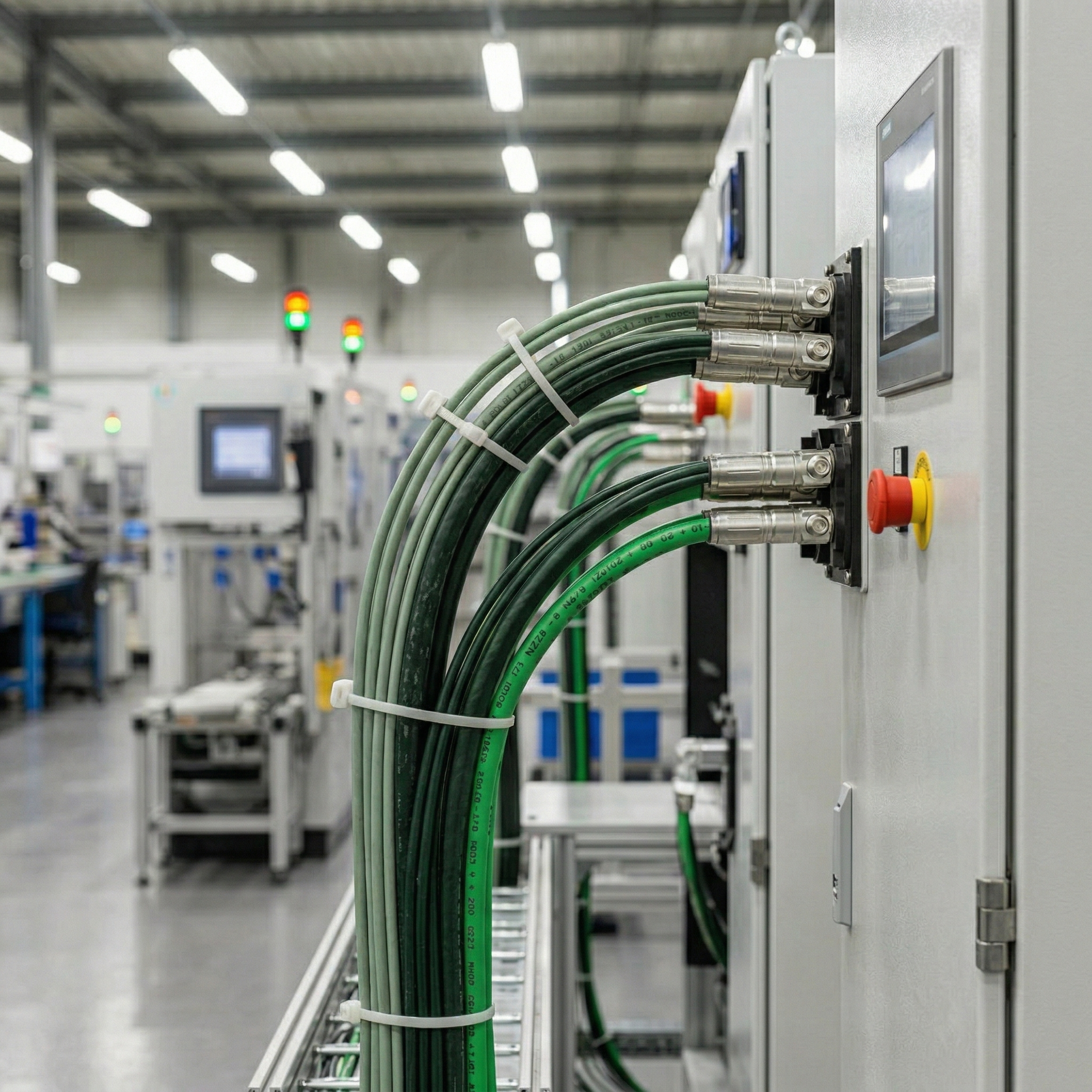 Ingeniero realizando mantenimiento preventivo en un centro de datos industrial con cableado estructurado