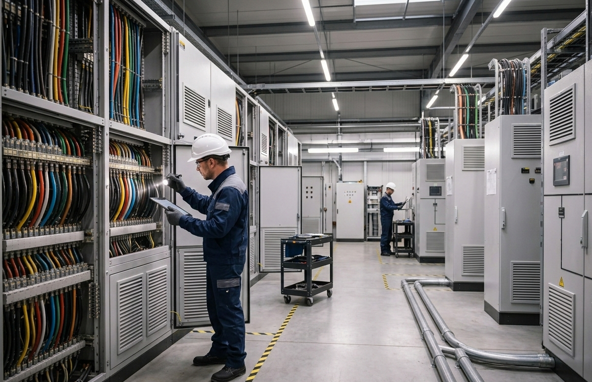 Ingeniero realizando mantenimiento preventivo en un centro de datos industrial con cableado estructurado