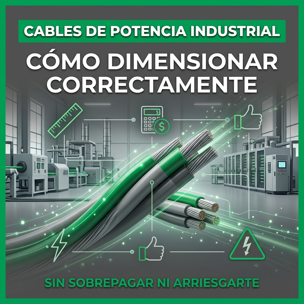 Dimensionamiento de cables de potencia industrial en entorno de fábrica con gráficos de optimización de costos y seguridad en color verde y gris.