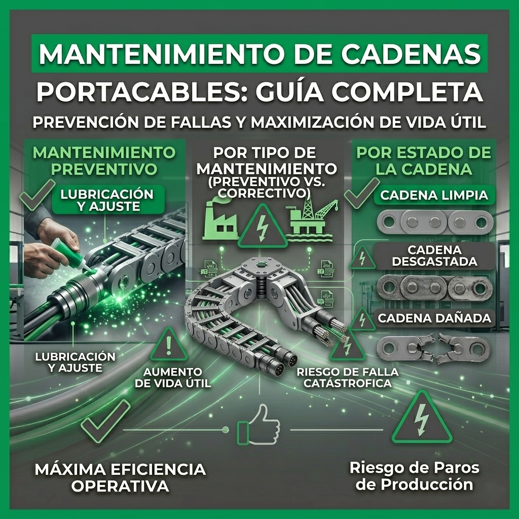 Guía visual Executone: Mantenimiento de cadenas portacables, prevención de fallas y estado de eslabones.