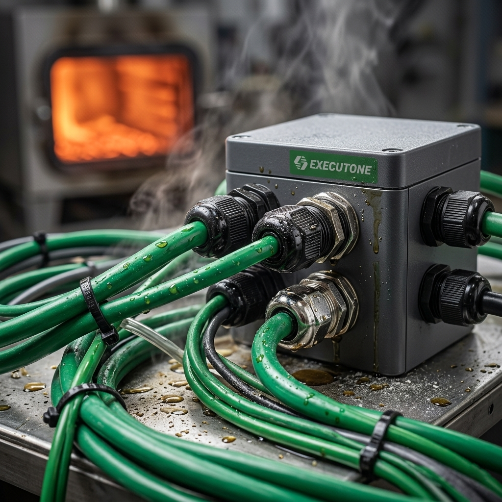 Primer plano de una caja de control industrial Executone con cables de colores verde y gris organizados y conectados, en un entorno de taller con equipamiento borroso al fondo.