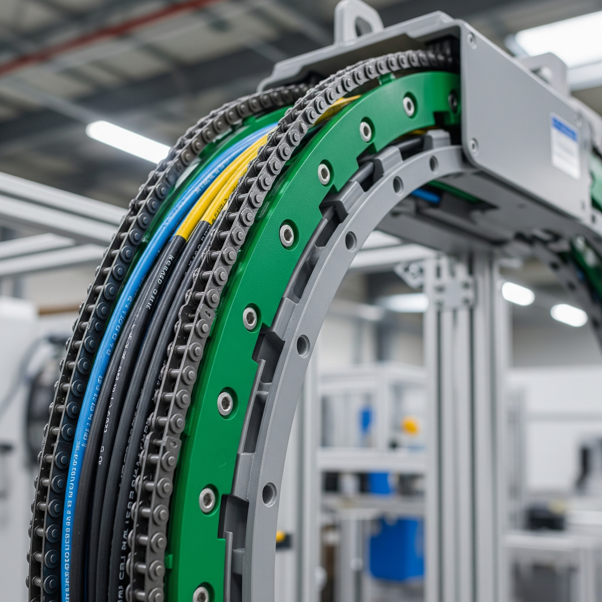 Cadena portacables industrial de alta resistencia en colores verde y gris, protegiendo y guiando cables eléctricos en movimiento dentro de una fábrica.