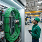 Inspección técnica y mantenimiento de cables industriales en entorno de fábrica.