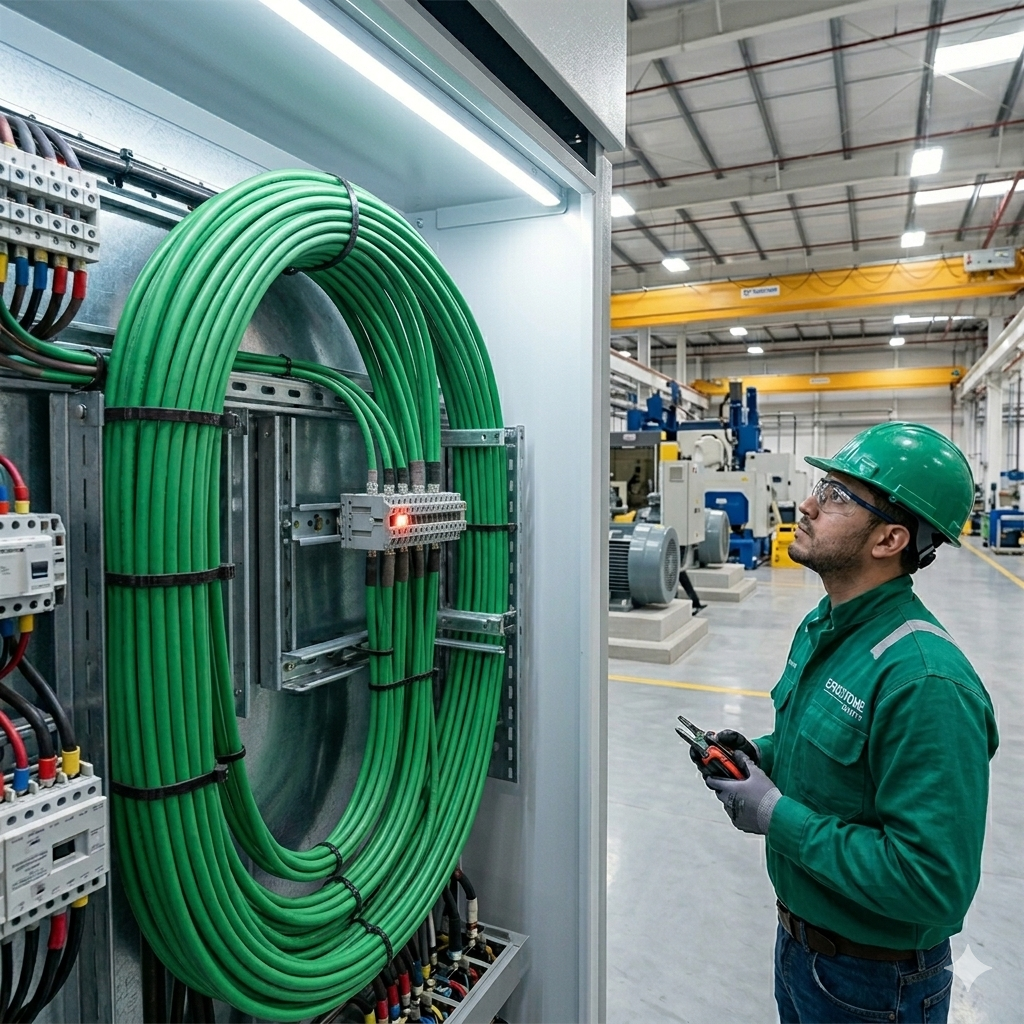 Inspección técnica y mantenimiento de cables industriales en entorno de fábrica.