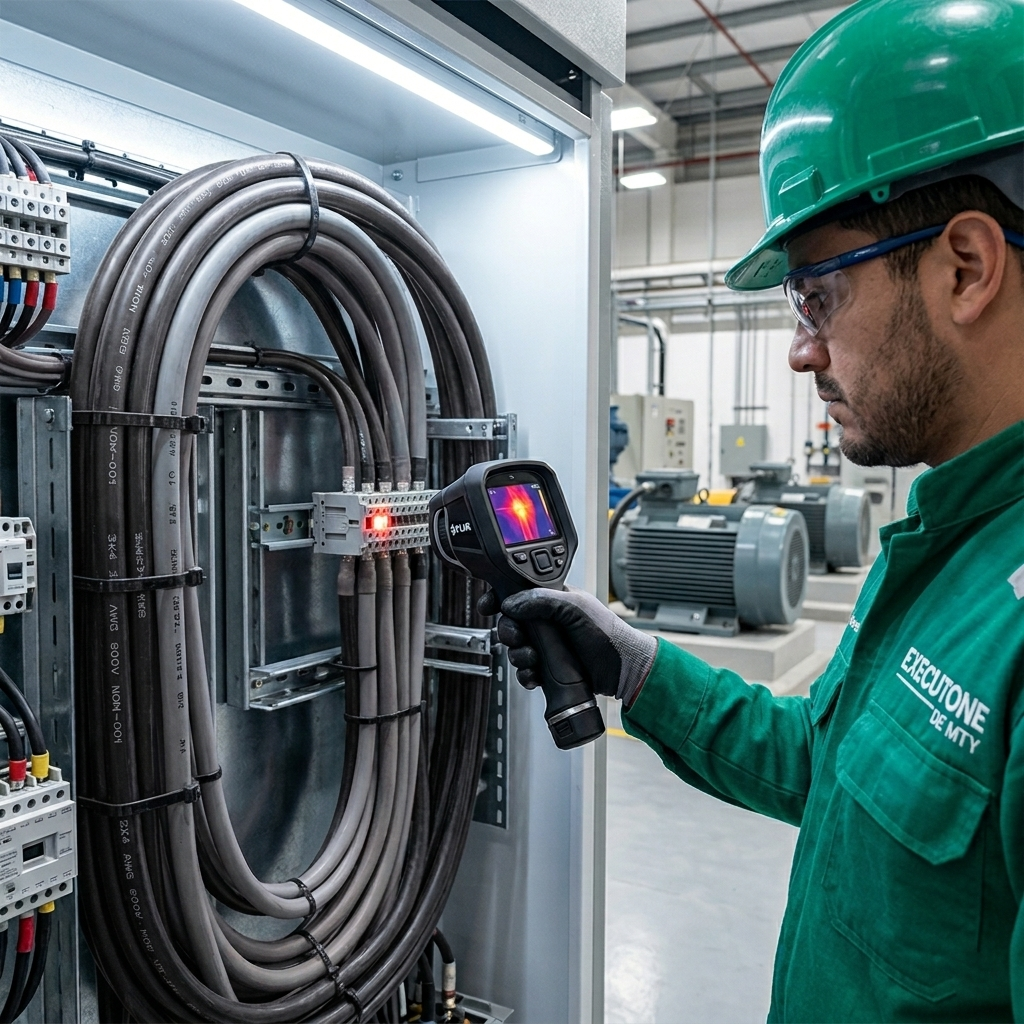 Técnico de Executone MTY realizando mantenimiento preventivo de cables industriales con cámara térmica.