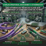 Comparativa técnica de cables PROFIBUS, DeviceNet y Ethernet/IP para redes industriales con detalles de blindaje y transmisión de datos en colores verde y gris.