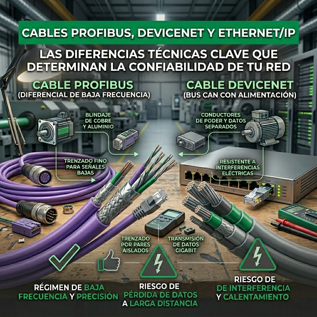 Comparativa técnica de cables PROFIBUS, DeviceNet y Ethernet/IP para redes industriales con detalles de blindaje y transmisión de datos en colores verde y gris.