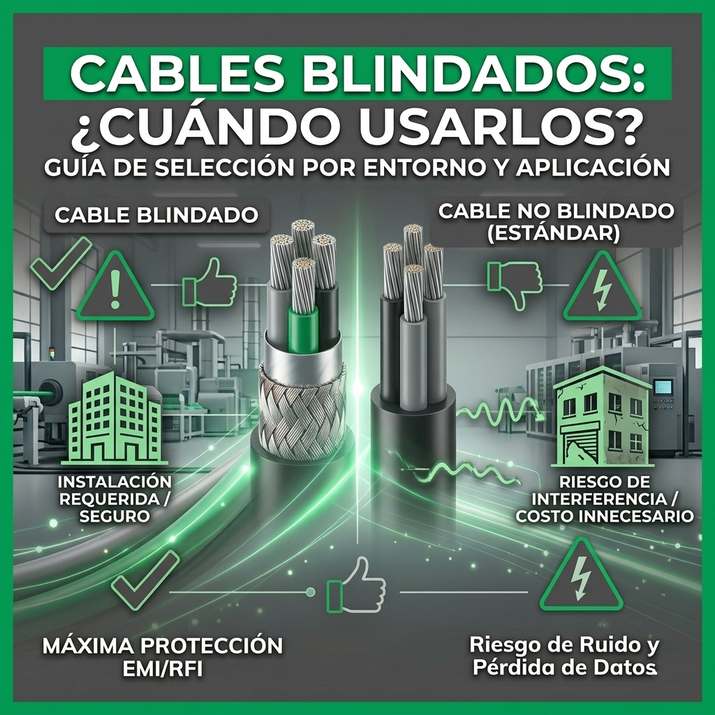 Guía visual sobre cuándo usar cables blindados para evitar ruidos eléctricos en instalaciones industriales.