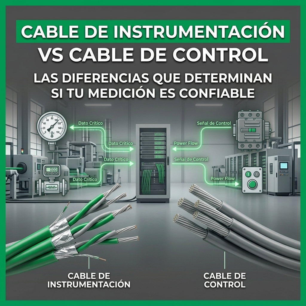 Infografía técnica que muestra las diferencias de blindaje y señales entre cables de instrumentación y control para una medición confiable.