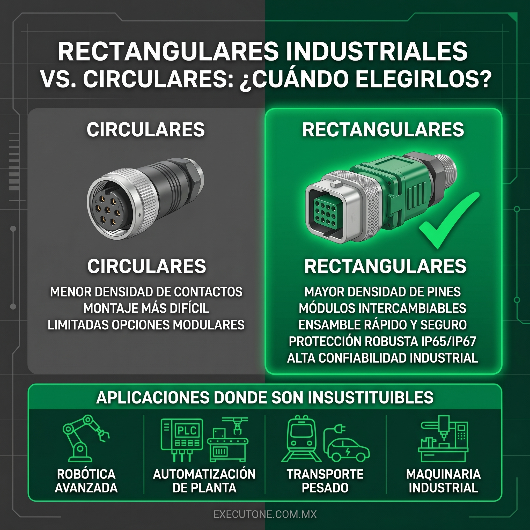 Infografía de Executone que compara conectores industriales circulares y rectangulares, destacando las ventajas y aplicaciones clave de los modelos rectangulares en robótica y automatización.