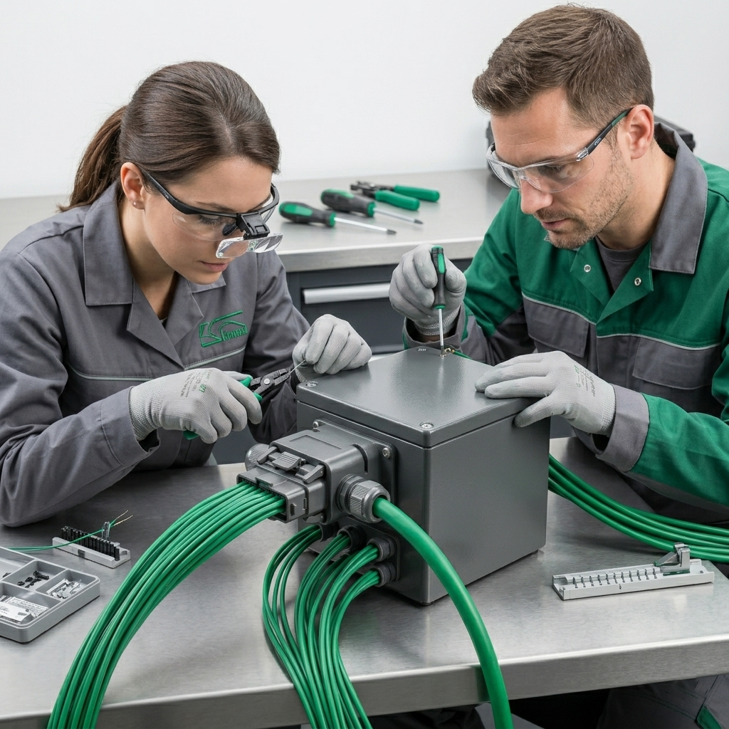 Técnicos especializados realizando el ensamble y mantenimiento de conectores rectangulares industriales y cableado profesional en colores verde y gris.