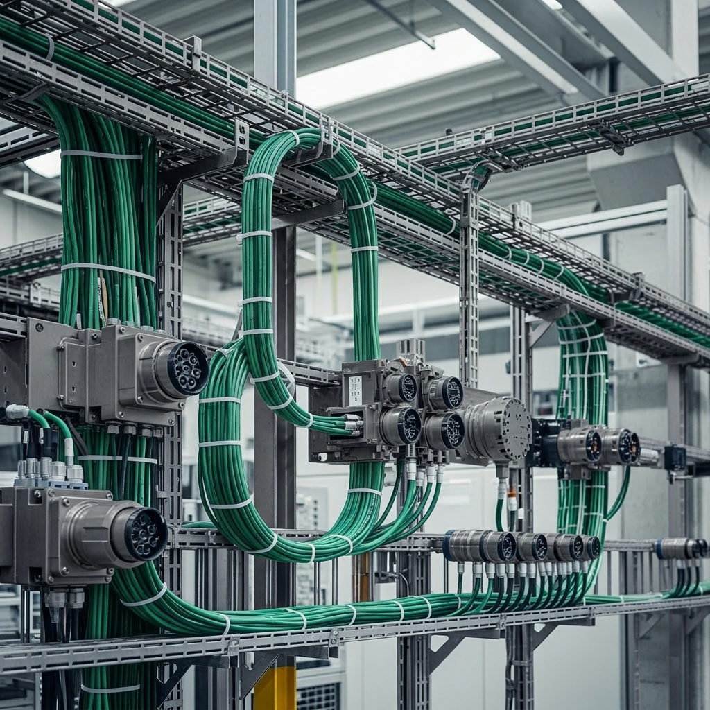 Sistema de cableado industrial de alta calidad en racks metálicos dentro de una planta moderna, destacando cables en color verde y gris.