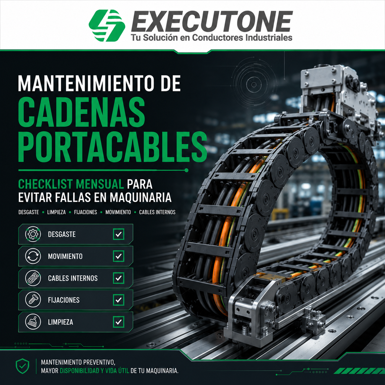 Mantenimiento de cadenas portacables con checklist mensual para evitar fallas en maquinaria industrial