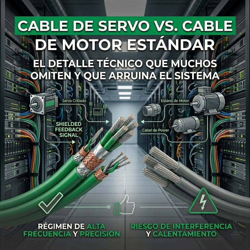 Infografía comparativa de cable de servo frente a cable de motor estándar, mostrando blindaje de retroalimentación y riesgos de interferencia en entorno industrial Executone.