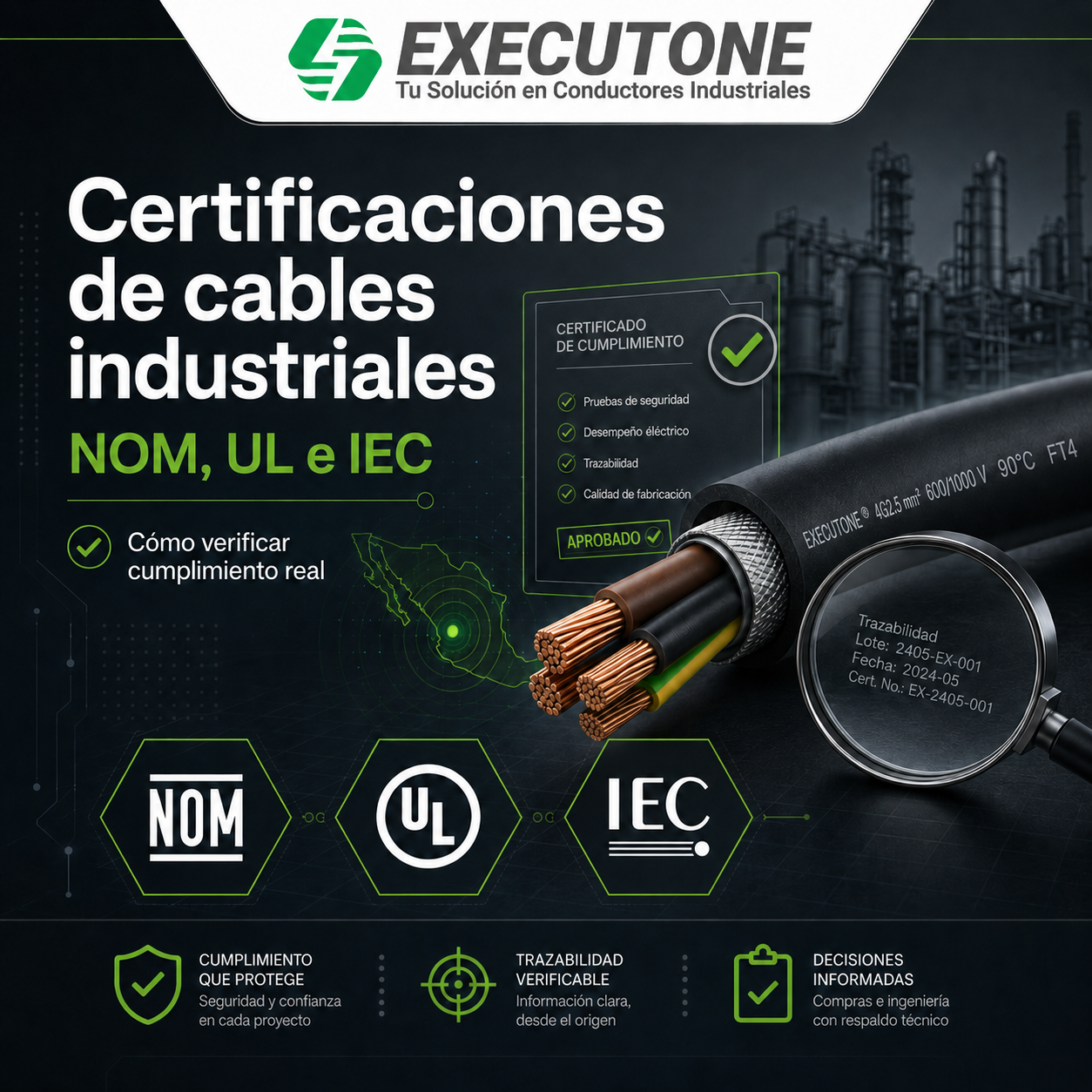 Certificaciones de cables industriales NOM, UL e IEC con guía visual para verificar cumplimiento