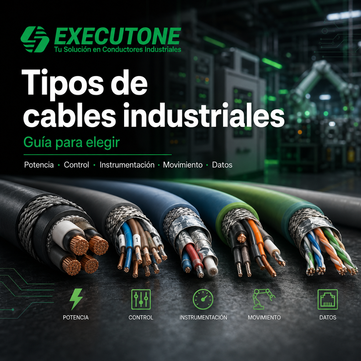 Tipos de cables industriales para potencia, control, instrumentación, movimiento y datos